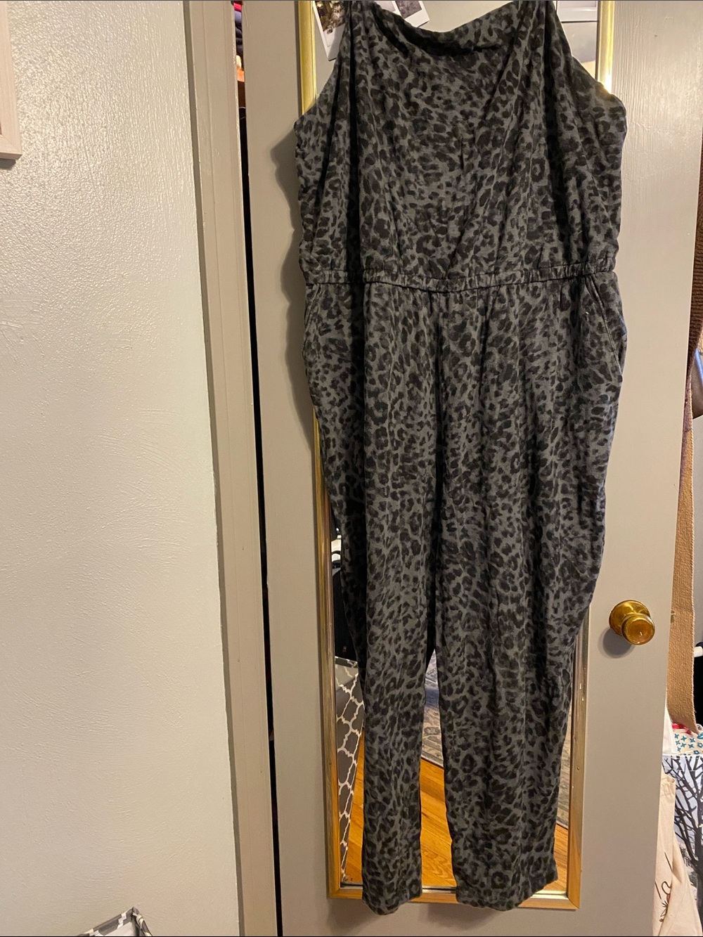 Old Navy Gray and Black Leopard-Print Sleeveless Jumpsuit